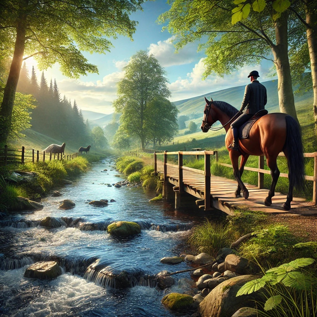 Trail horse navigating a wooden bridge